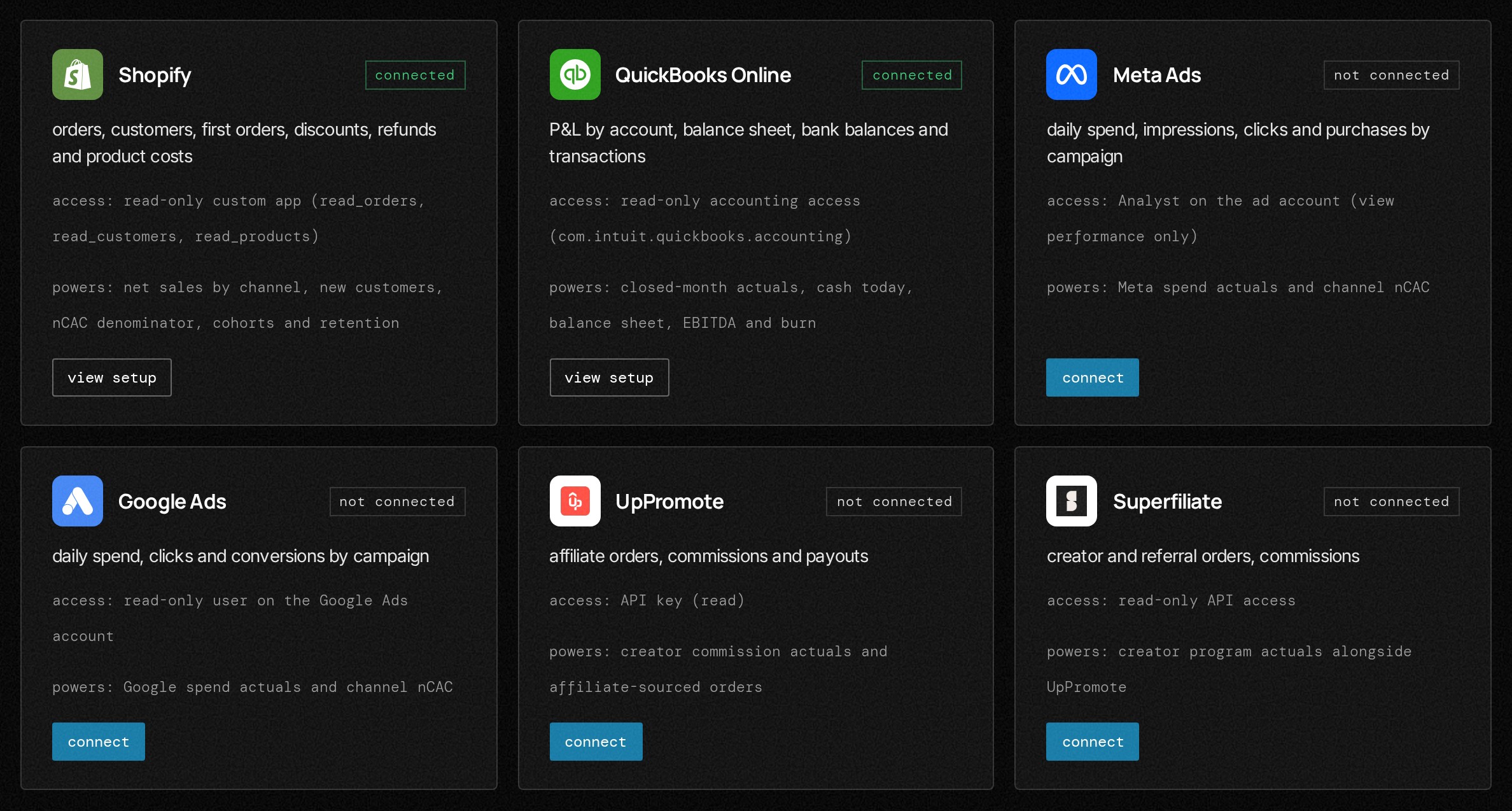 Integrations page in the Growth Engine, example data